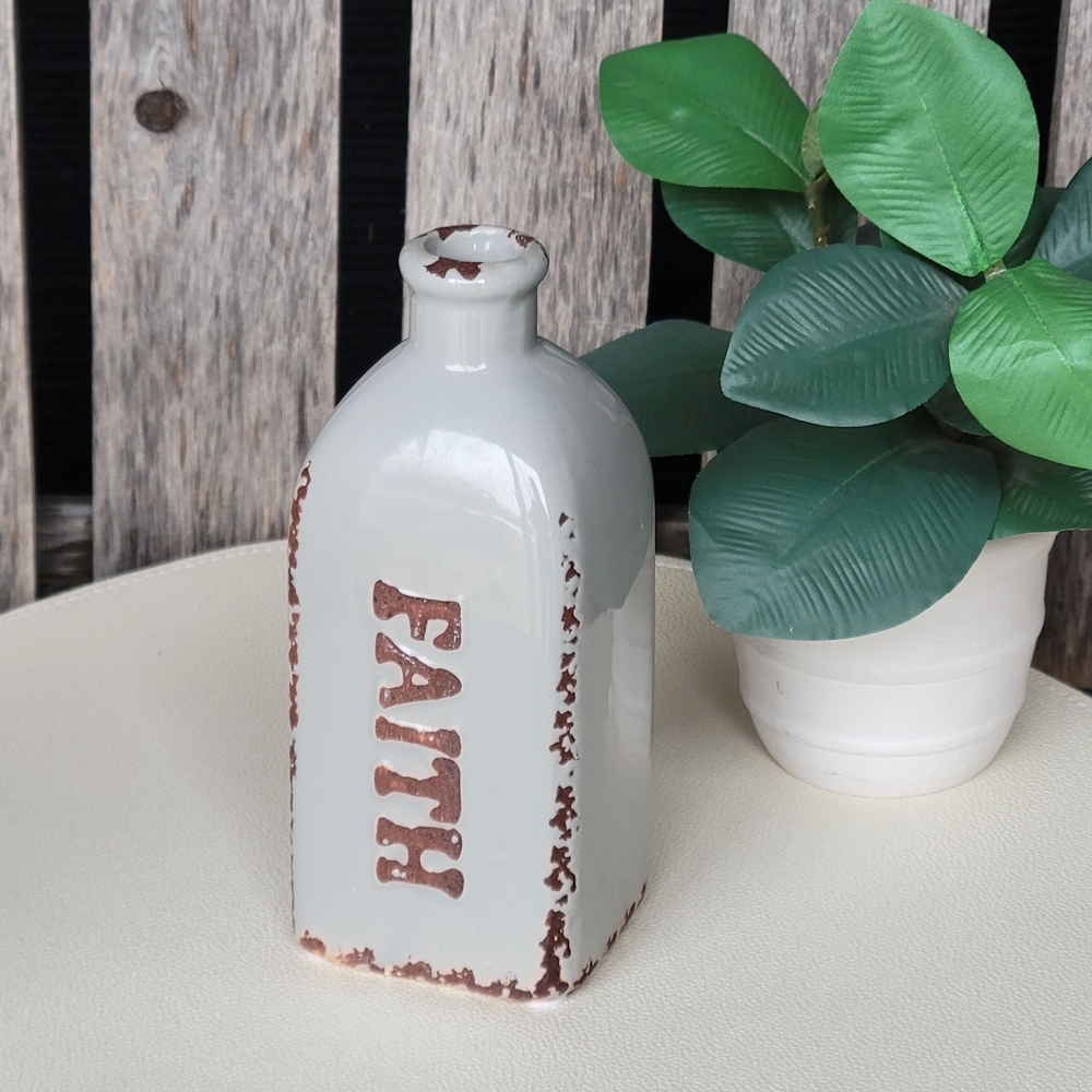 Stonebriar Smoky Gray Rustic Ceramic Bud Vase with Faith Inscription - Picture 2 of 6